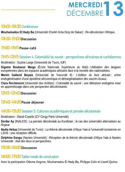 mercredi 13 decembre programme