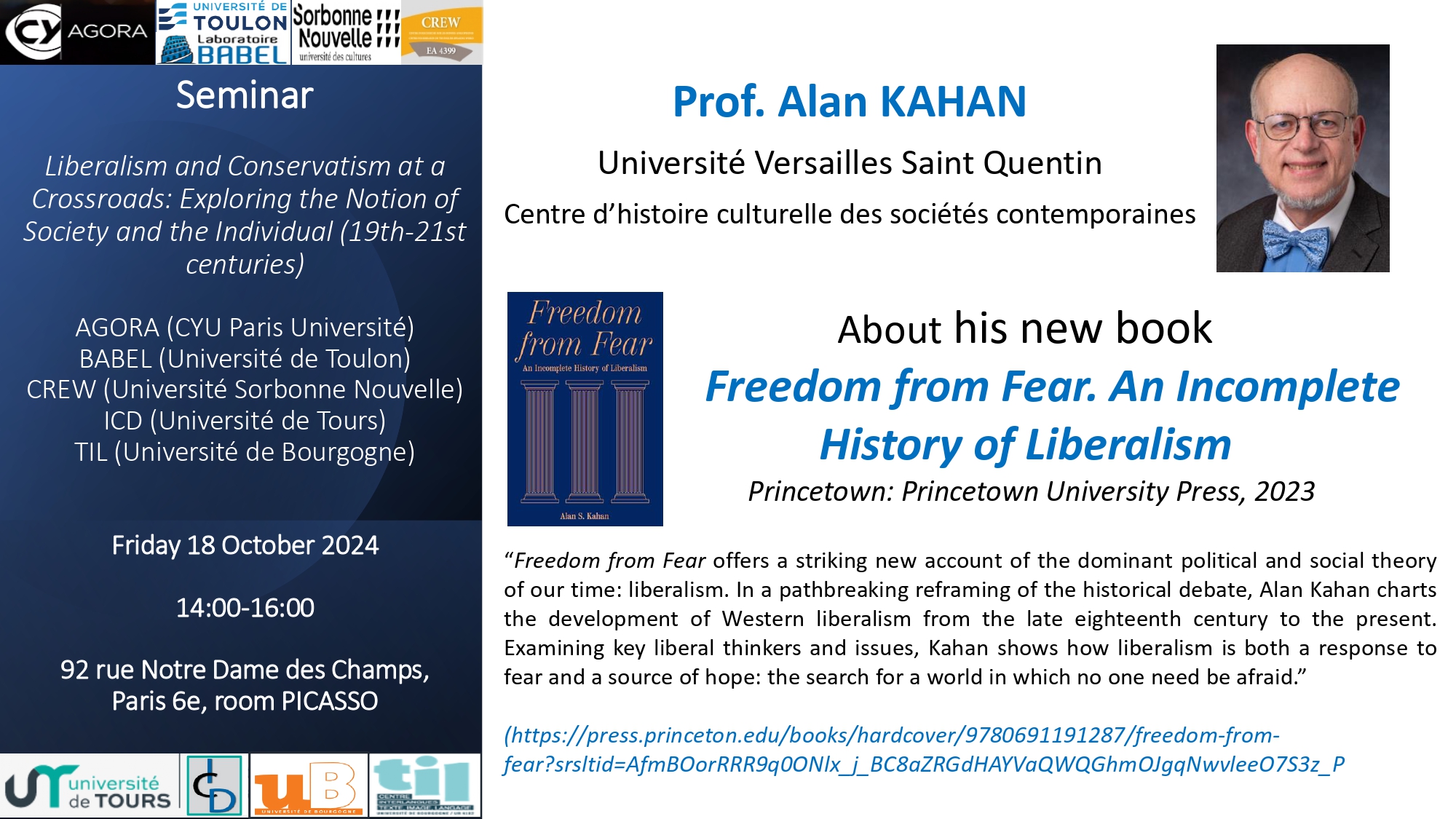 Séminaire du 18/10/2024 - en présence de Alan KAHAN  - Liberalism and Conservatism at a Crossroads: Exploring the Notion of Society and the Individual (19th-21st centuries)