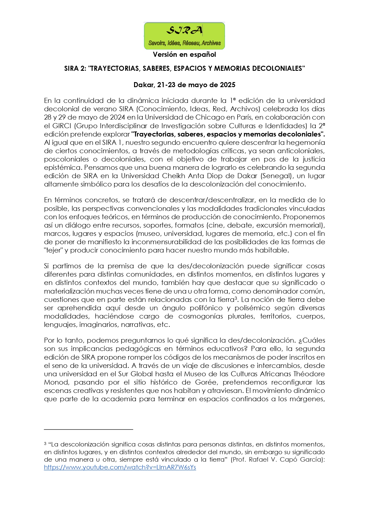 SIRA 2 : « PARCOURS, SAVOIRS, ESPACES ET MÉMOIRES DÉCOLONIAUX » Dakar, 21-23 mai 2025