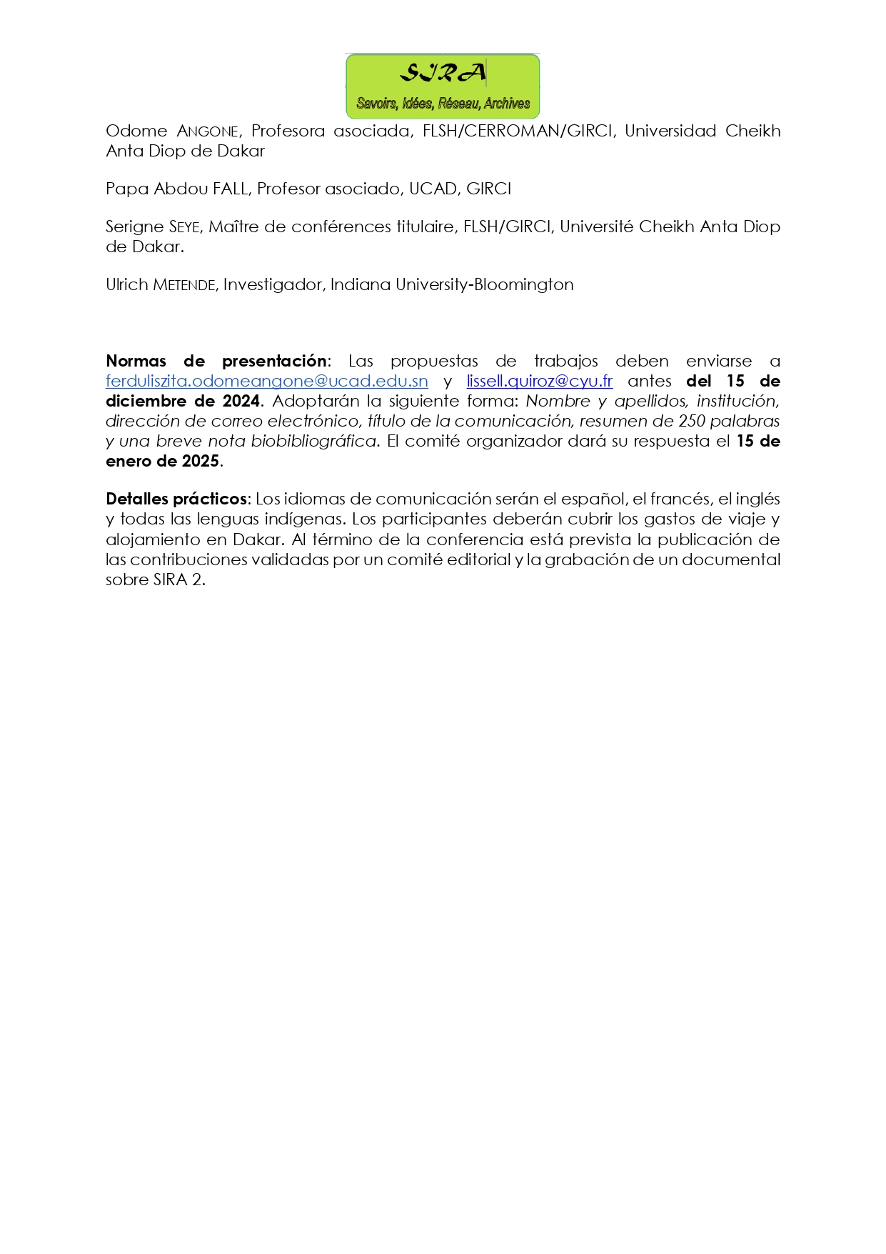 SIRA 2 : « PARCOURS, SAVOIRS, ESPACES ET MÉMOIRES DÉCOLONIAUX » Dakar, 21-23 mai 2025