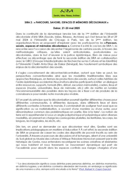 SIRA 2 : « PARCOURS, SAVOIRS, ESPACES ET MÉMOIRES DÉCOLONIAUX » Dakar, 21-23 mai 2025