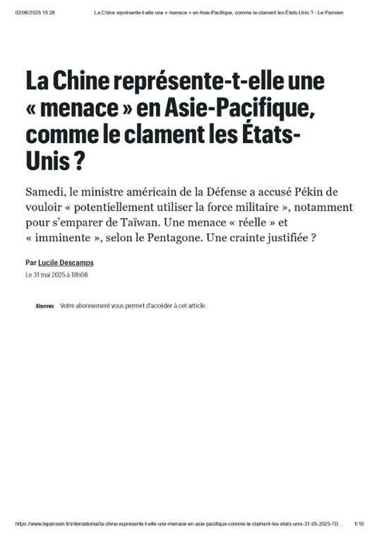 Intervention de ZHANG Lun dans le Parisien  